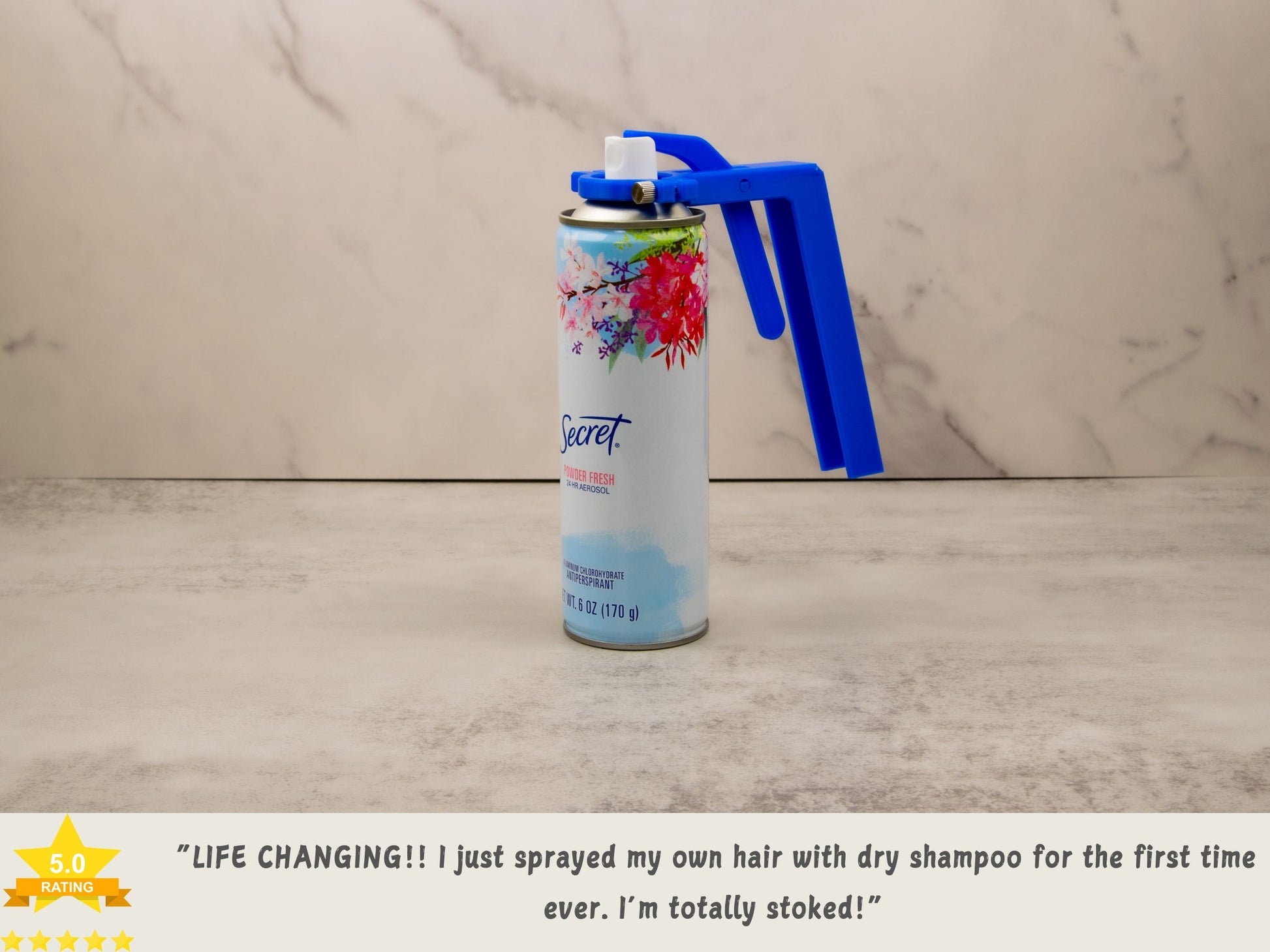 User testimonial for aerosol spray assistant praising ease of use for people with arthritis – 5-star rating