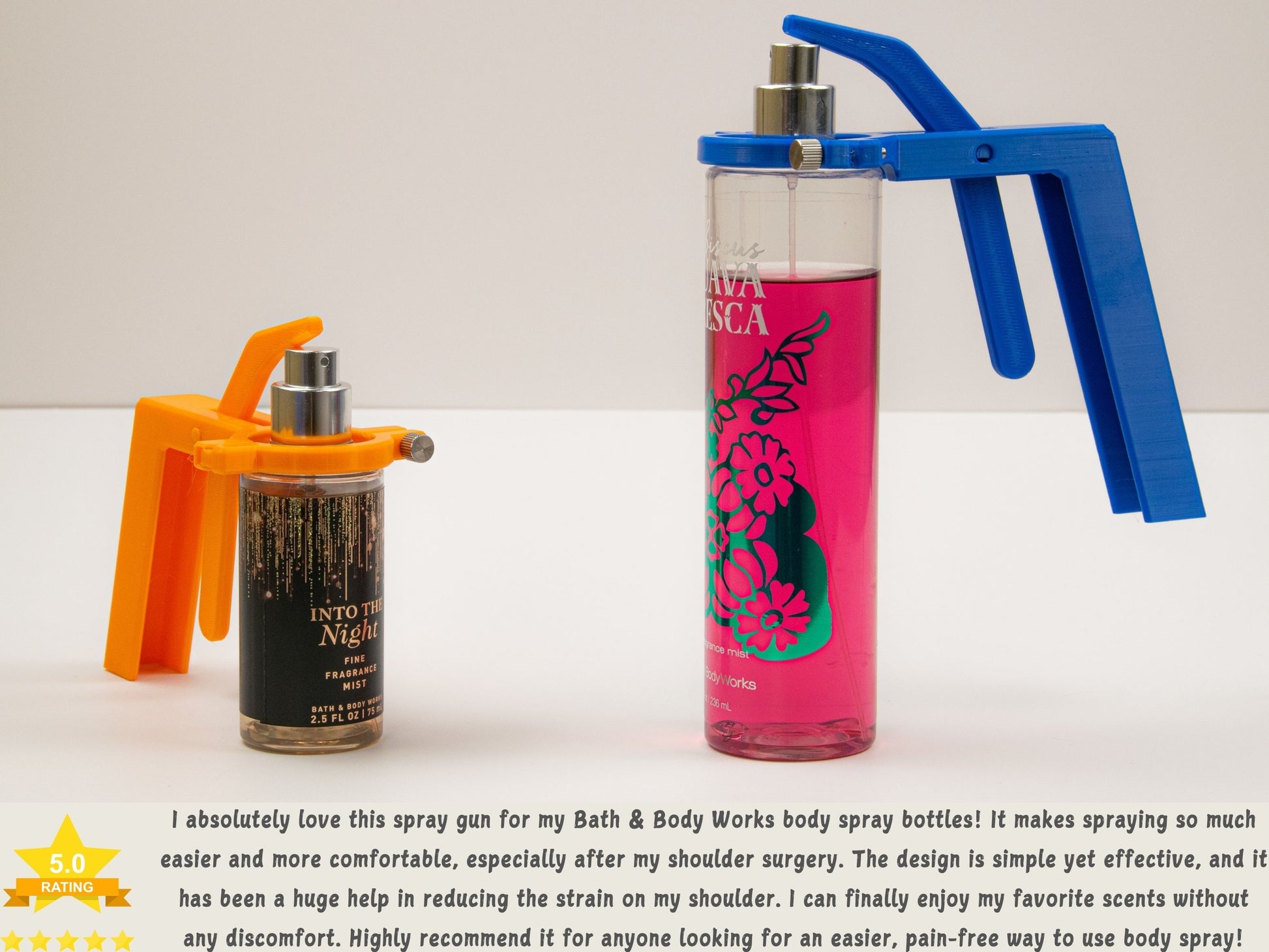 Side-by-side of the small and large spray assistants with glowing customer review praising the ergonomic design and reduced shoulder strain.