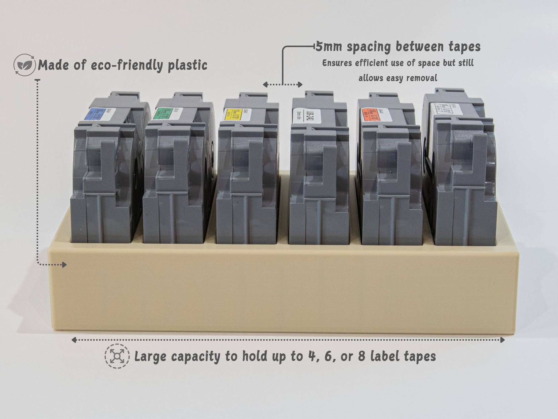 Eco-friendly label tape organizer for Brother 18mm cartridges showing 5mm spacing between tapes and capacity for 4 to 8 tapes.