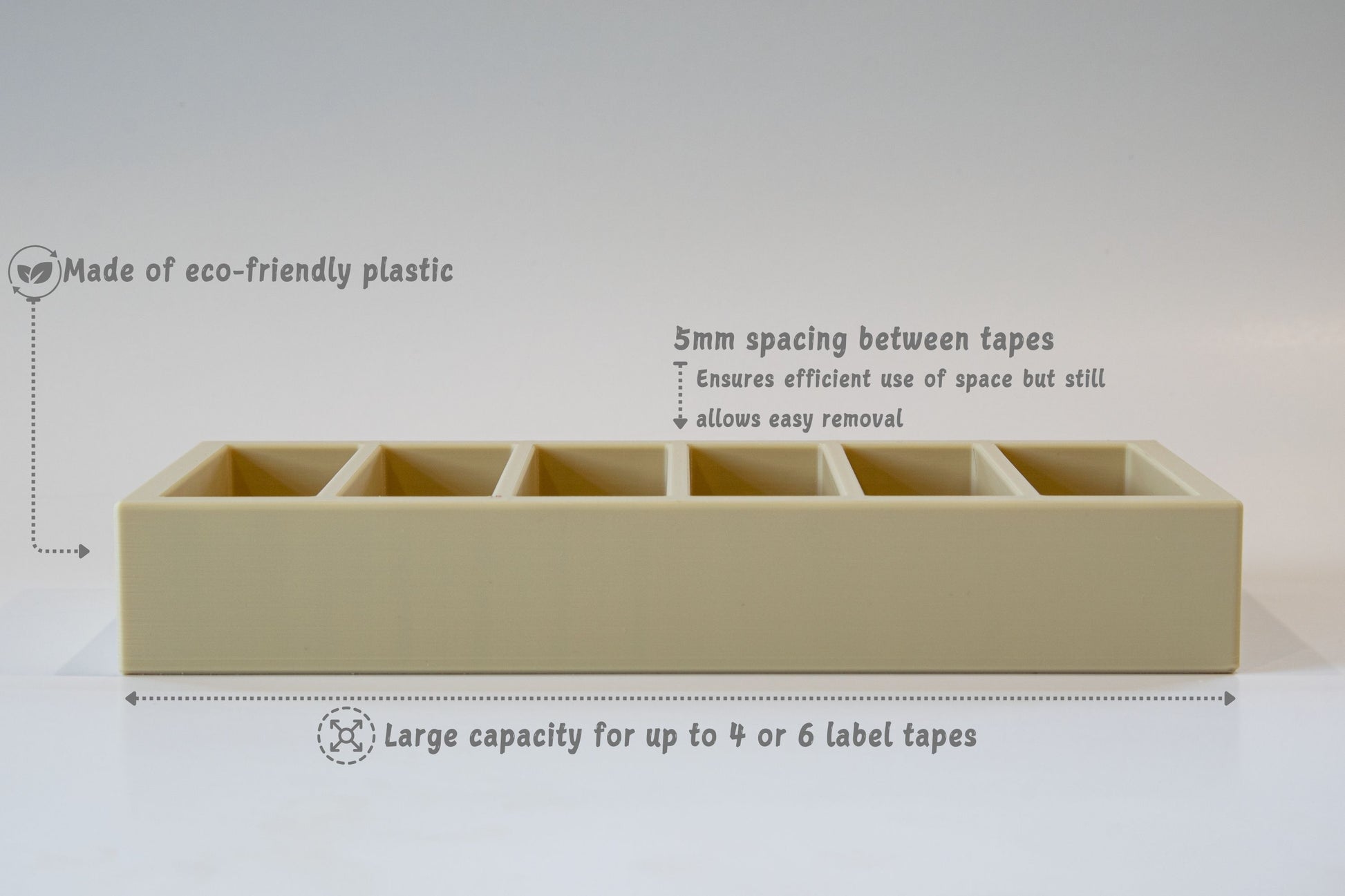 Feature view of the 24mm Brother label organizer highlighting eco-friendly plastic material, 5mm tape spacing, and large storage capacity.