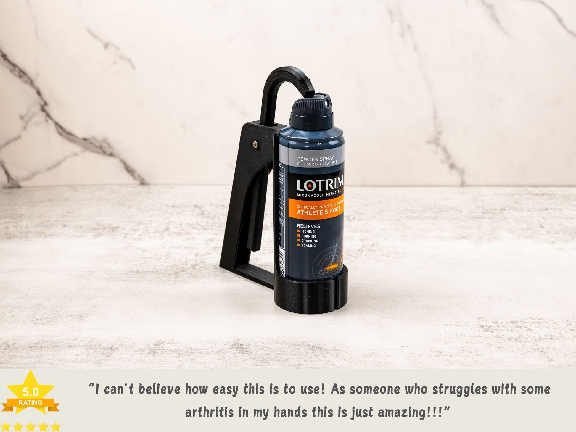 Foot Spray Assistant with Lotrimin spray can and testimonial saying it’s easy to use, even for users with arthritis.