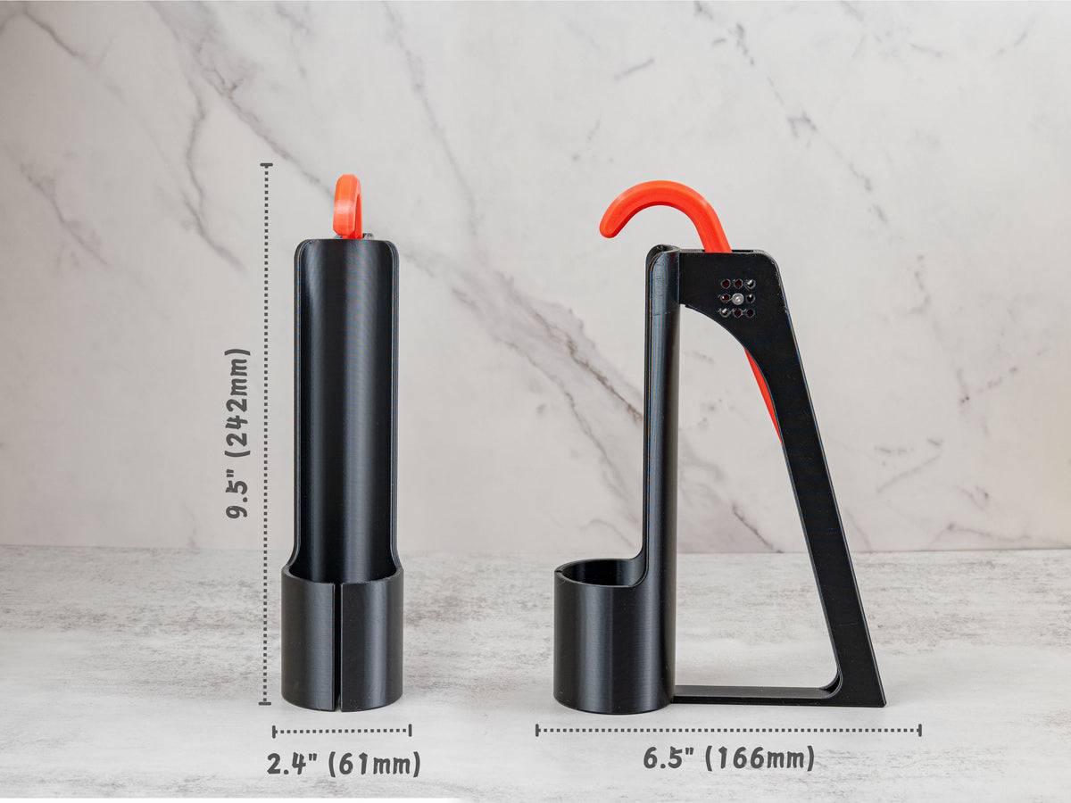 Hairspray Assistant dimensions showing a 9.5 inch height, 2.4 inch base width, and 6.5 inch overall length.