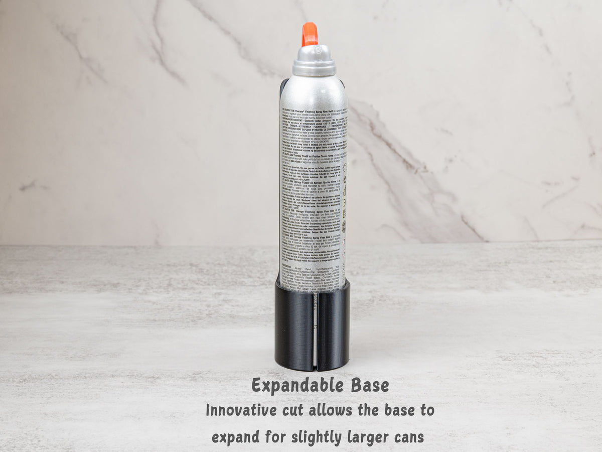 Tall hairspray can seated in the expandable base of the Hairspray Assistant for a secure, adjustable fit.