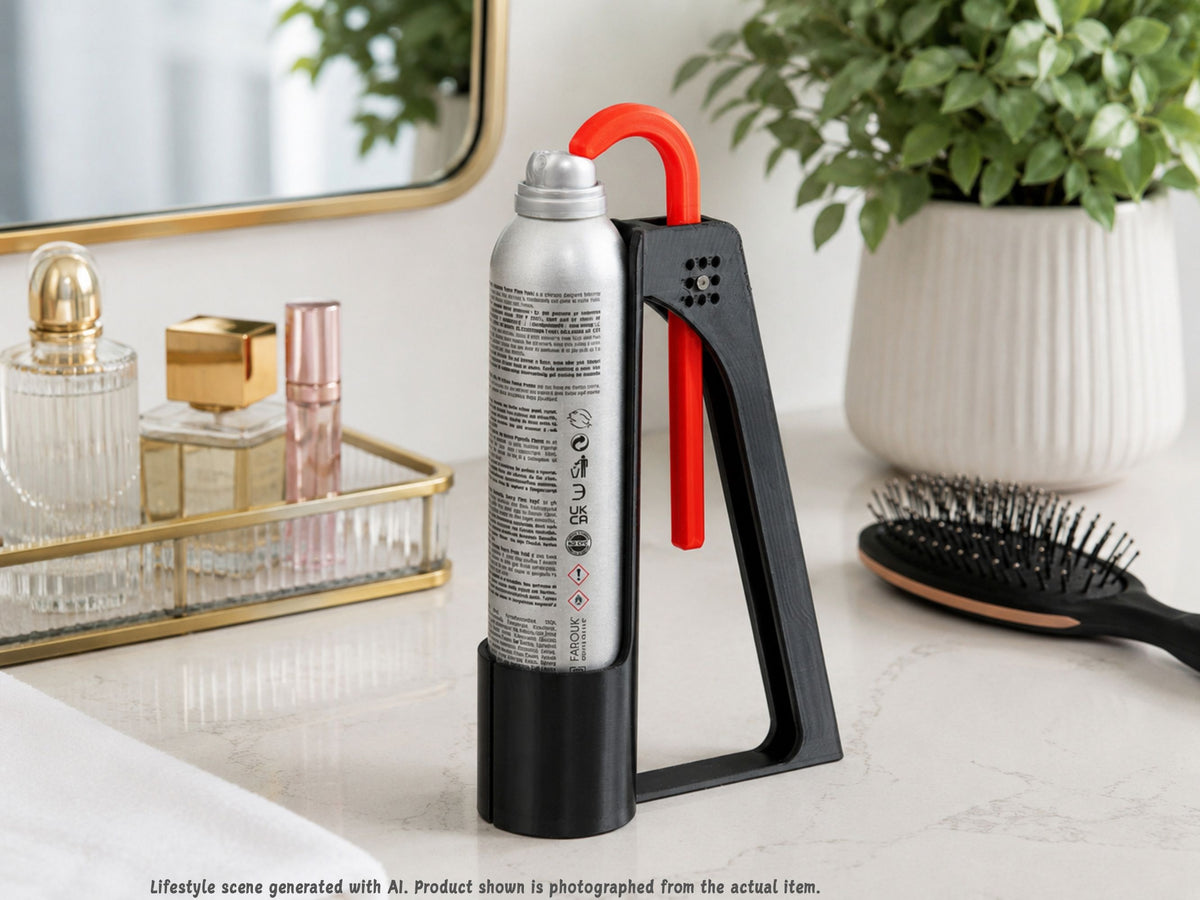 Hairspray Assistant holding a tall hairspray can on a bathroom vanity beside a mirror, plant, and hairbrush.