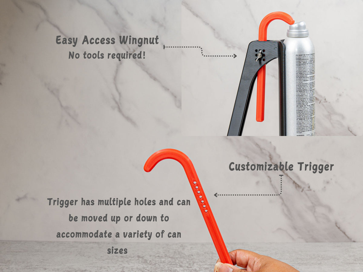 Adjustable trigger and easy access wing nut used to customize the Hairspray Assistant for different can heights.