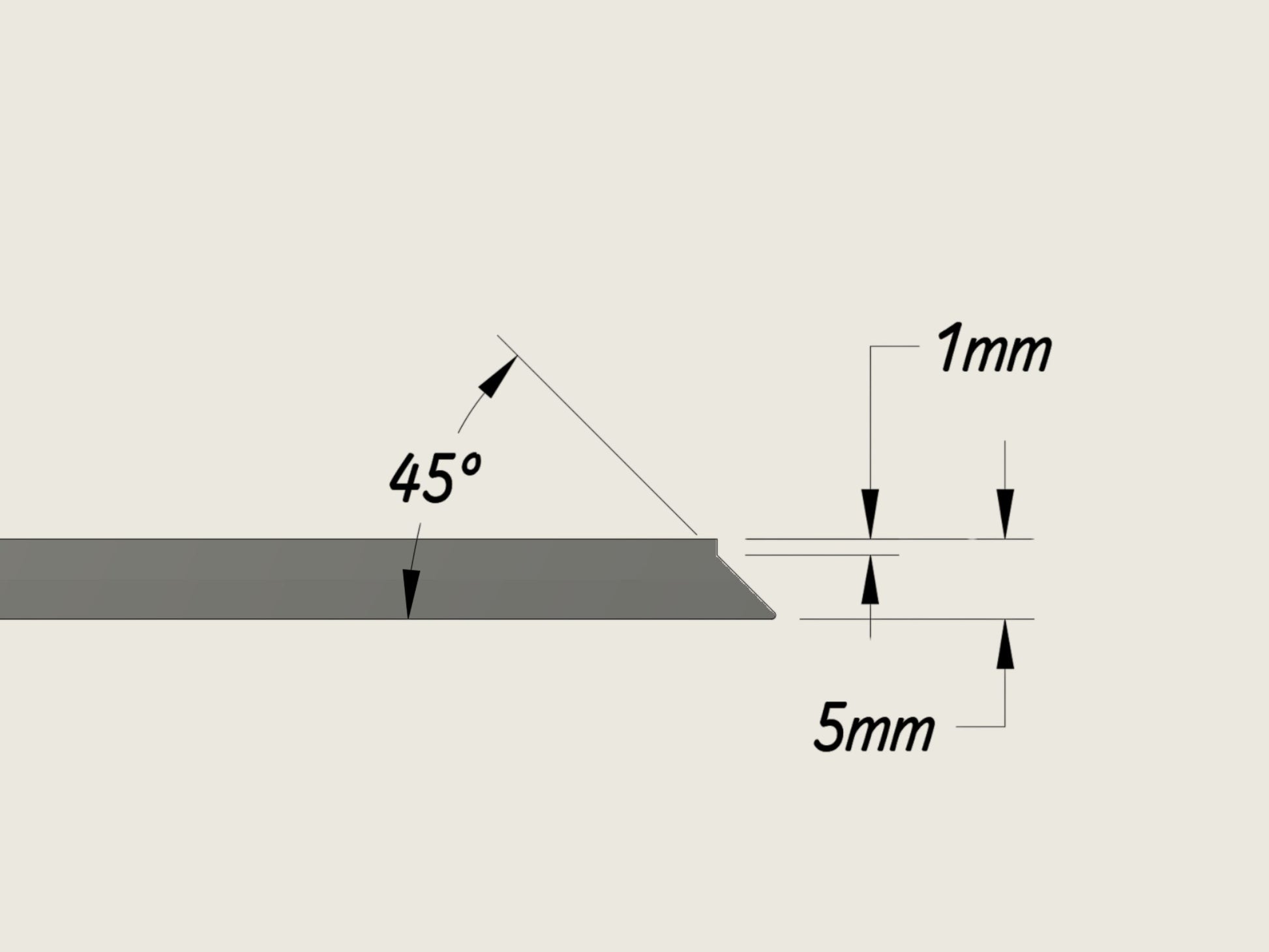 Side profile technical drawing of lapping film blank showing 45-degree beveled edge and 5mm thickness