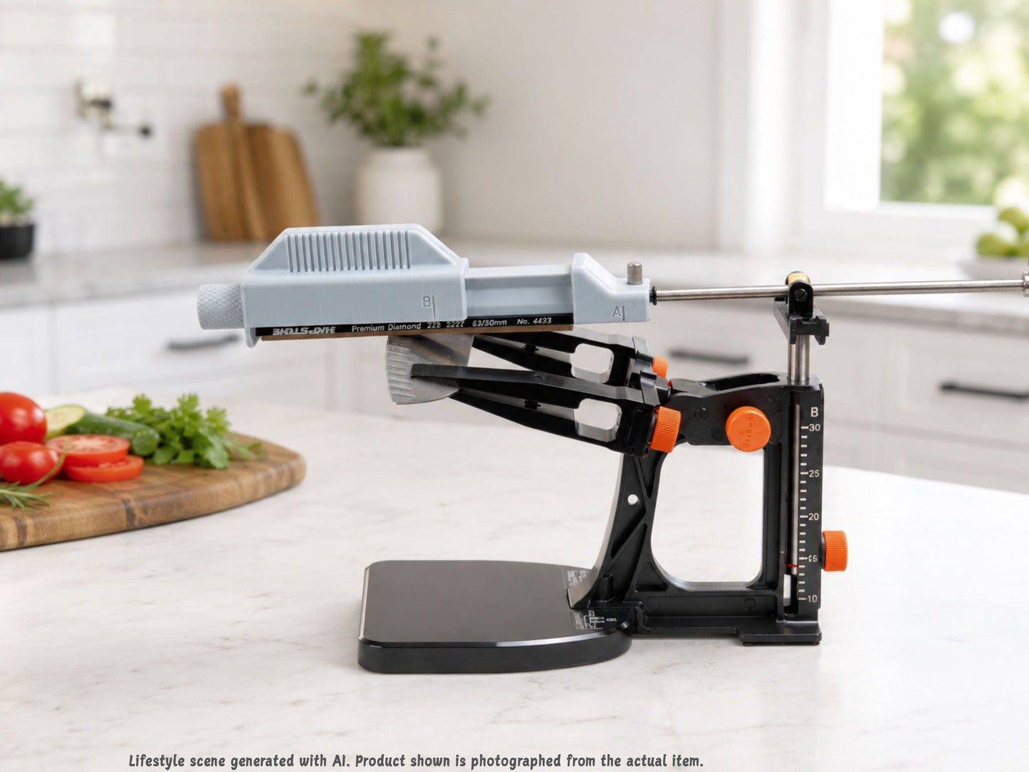 Lifestyle scene showing the Sharpal 202H Universal Stone Holder installed on the sharpener with a third party stone. AI generated kitchen background. Product shown is photographed from the actual item.