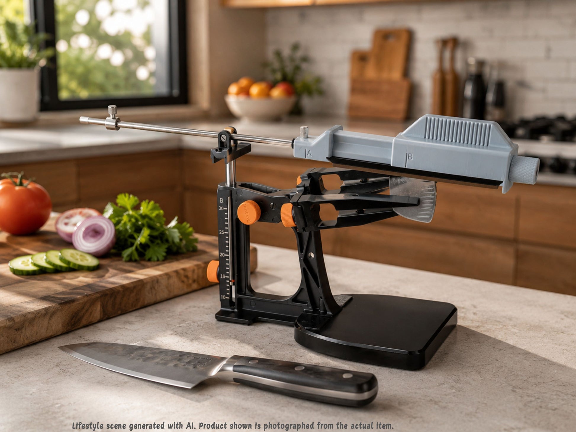 Kitchen lifestyle image showing the Sharpal 202H Universal Stone Holder in use with a chef knife and food prep setup. AI generated background. Product shown is photographed from the actual item.