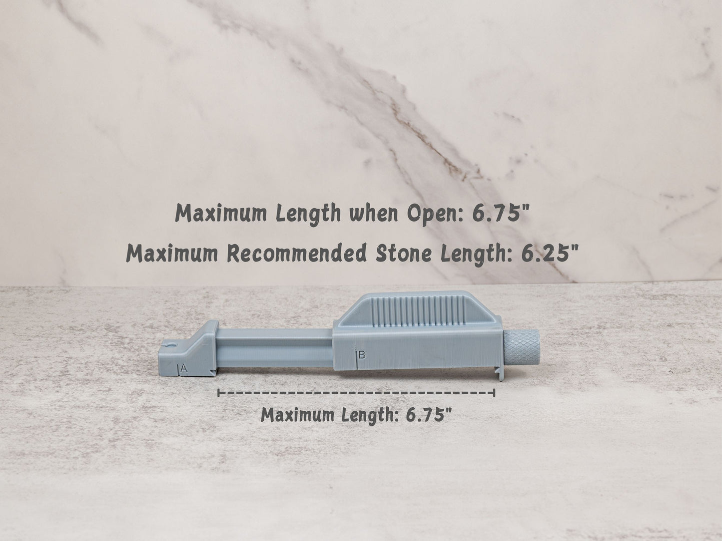 Universal Stone Holder shown fully extended. Maximum open length is 6.75 inches. Recommended maximum sharpening stone length is 6.25 inches for best fit and usability.