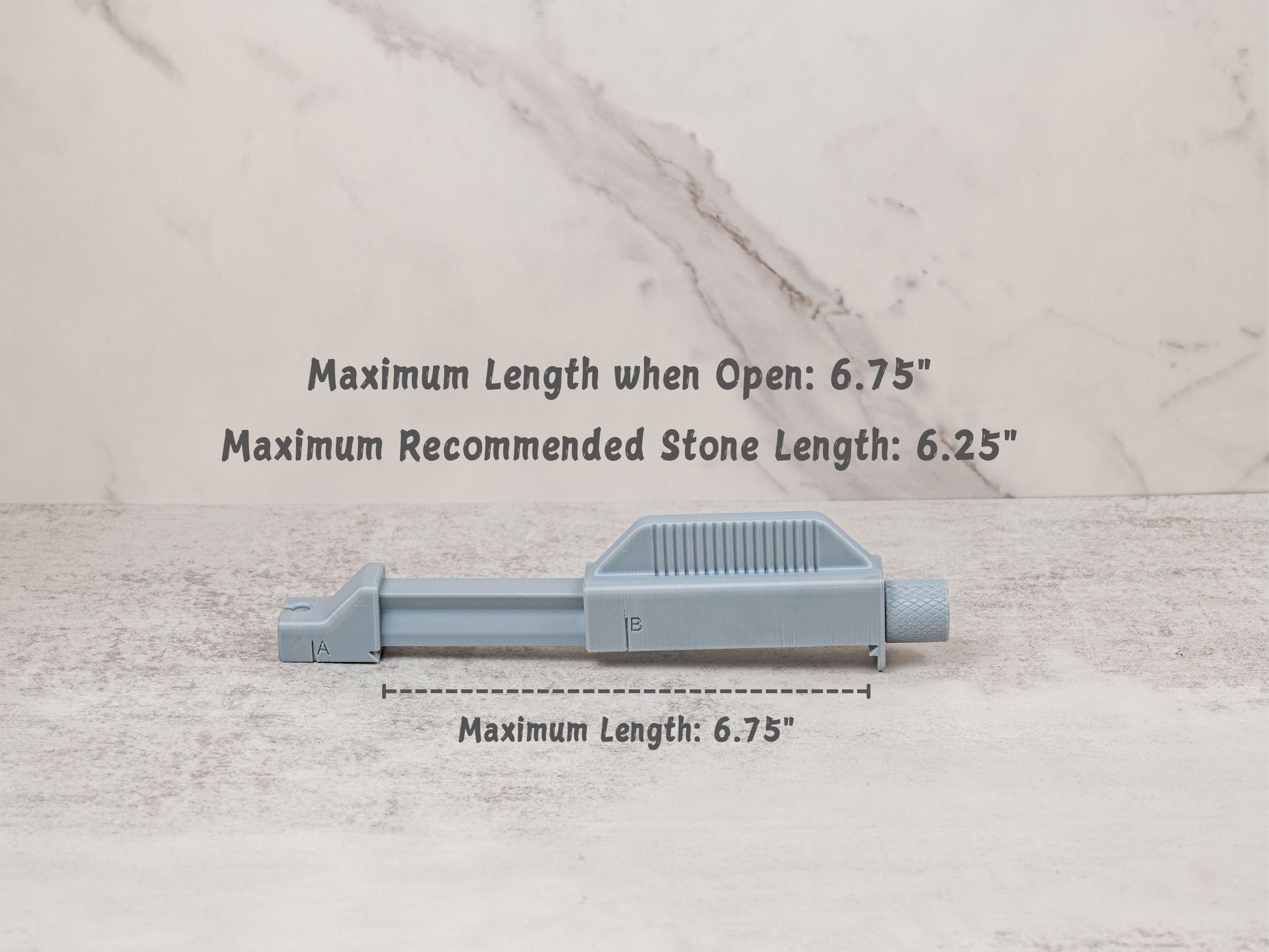 Universal Stone Holder shown fully extended. Maximum open length is 6.75 inches. Recommended maximum sharpening stone length is 6.25 inches for best fit and usability.