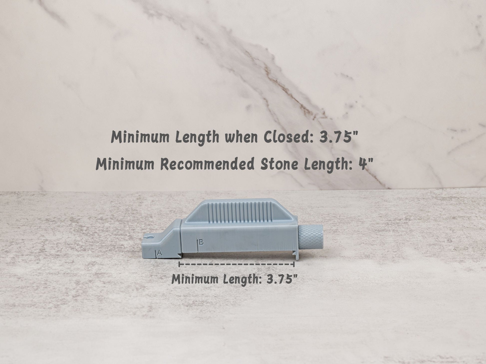 Universal Stone Holder shown fully closed. Minimum closed length is 3.75 inches. Recommended minimum sharpening stone length is 4 inches for best fit and stability.