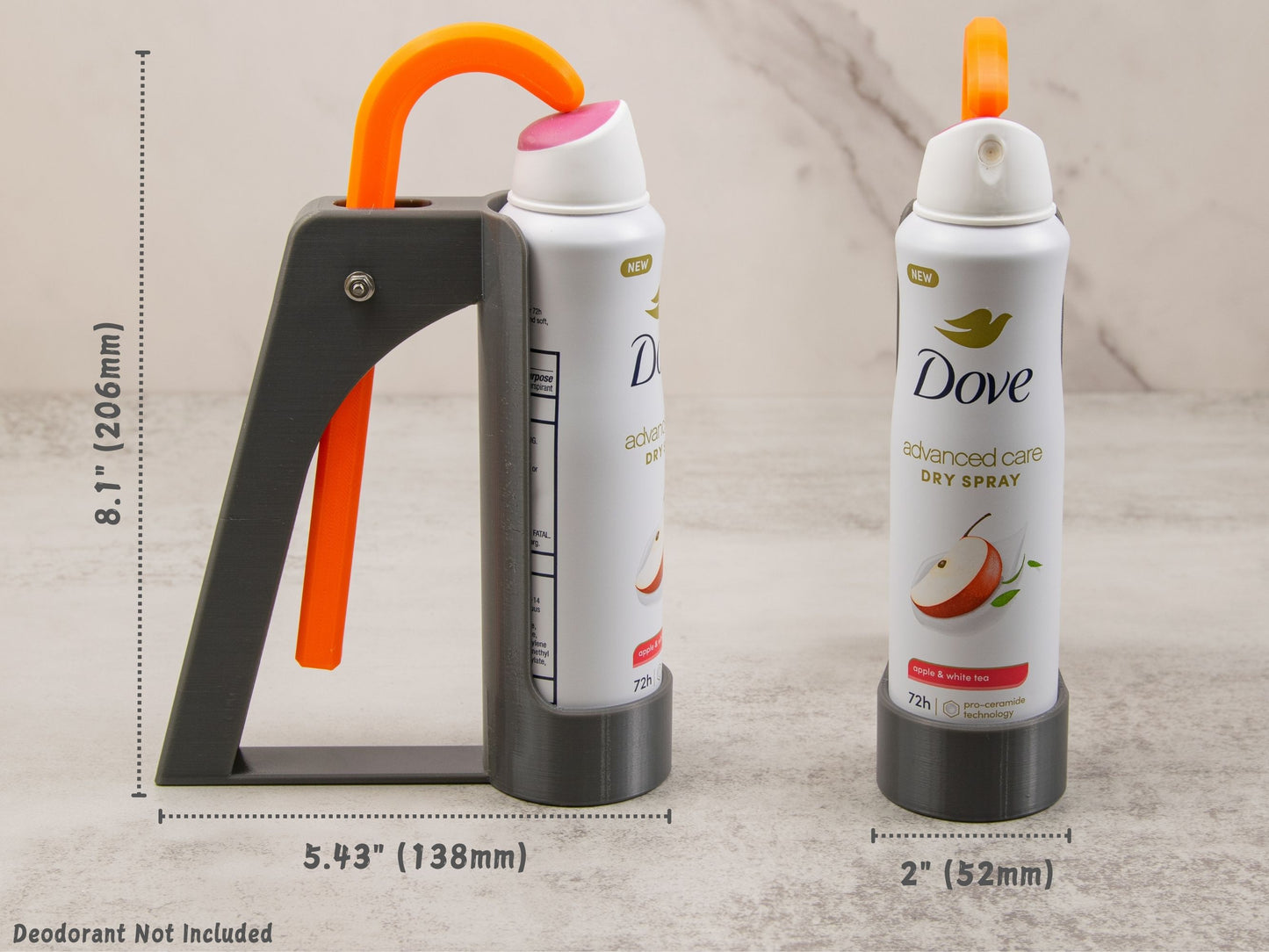 Side-by-side view of the Deodorant Spray Assistant with can inserted, highlighting key measurements in both inches and millimeters.