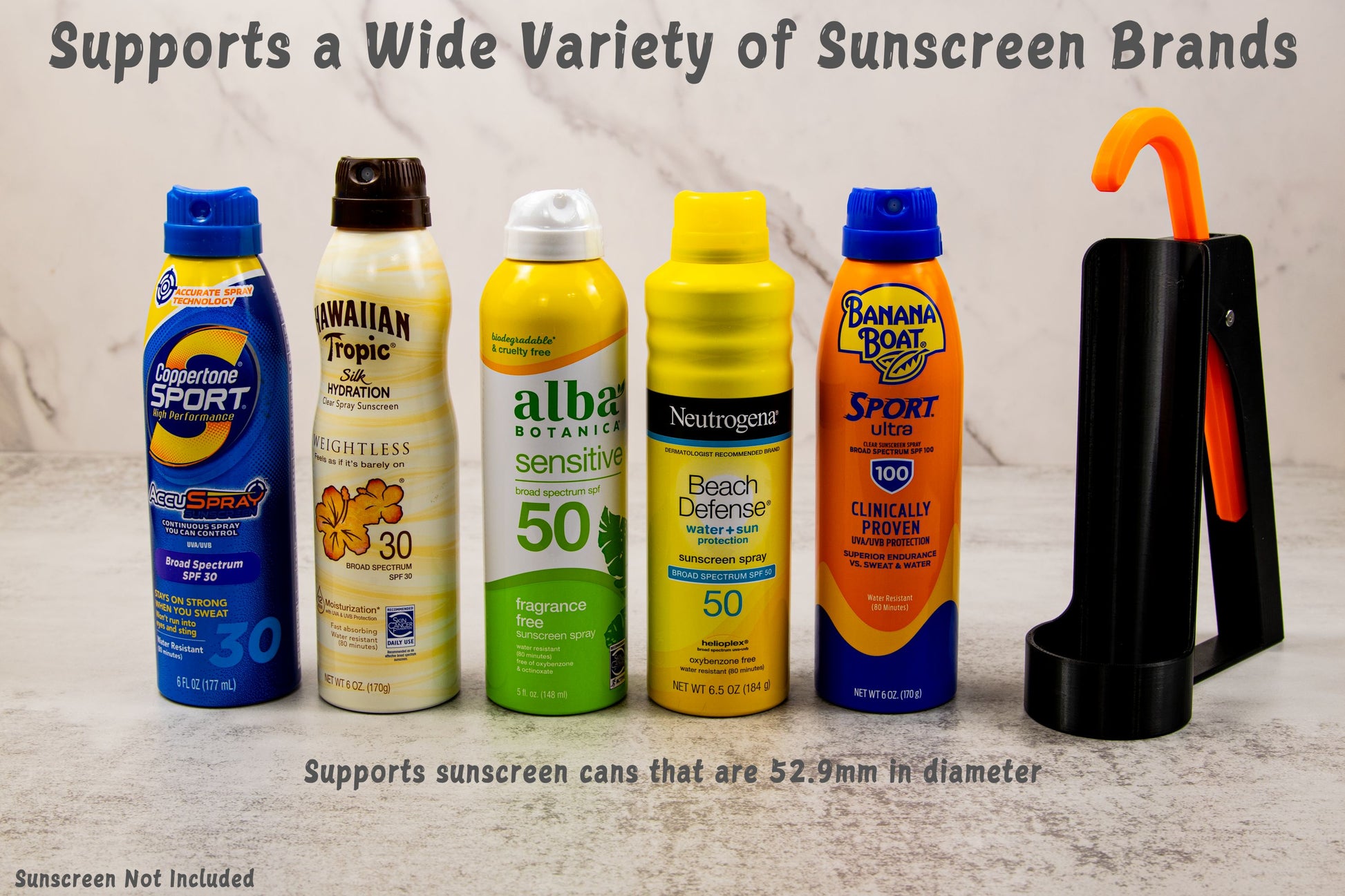 Multiple sunscreen spray cans shown to demonstrate compatibility with different brands; compatible with cans 52.9mm in diameter.