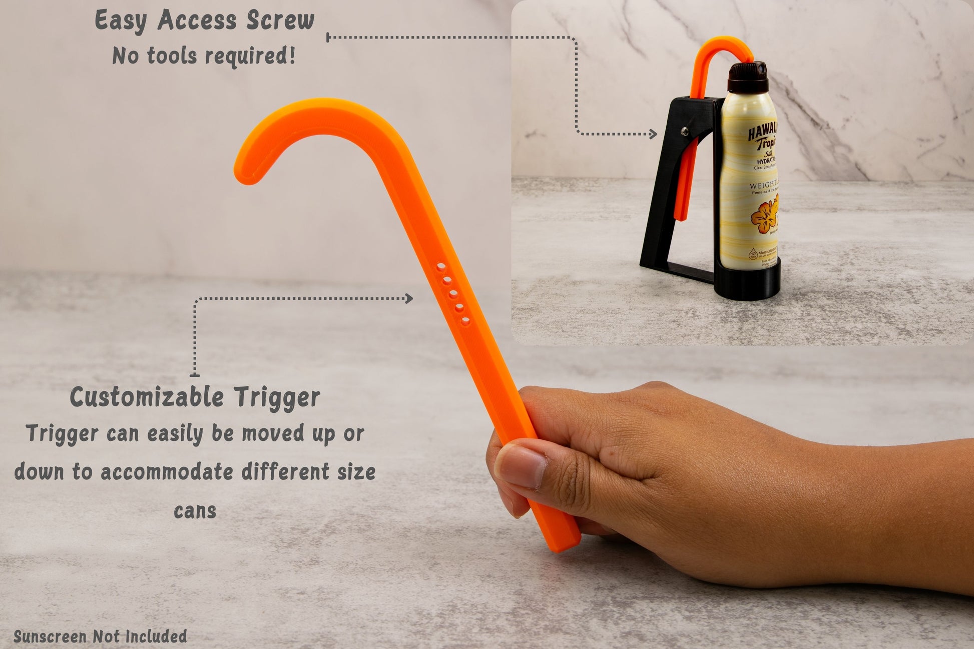 Customizable orange trigger for the sunscreen applicator, shown with a hand adjusting its height using an easy access screw.