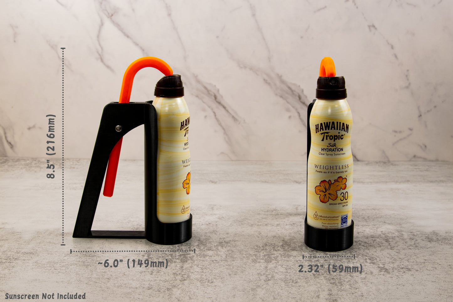 Side-by-side views of the sunscreen applicator with can inside, labeled with dimensions: 8.5" tall, 6.0" long, 2.32" wide.