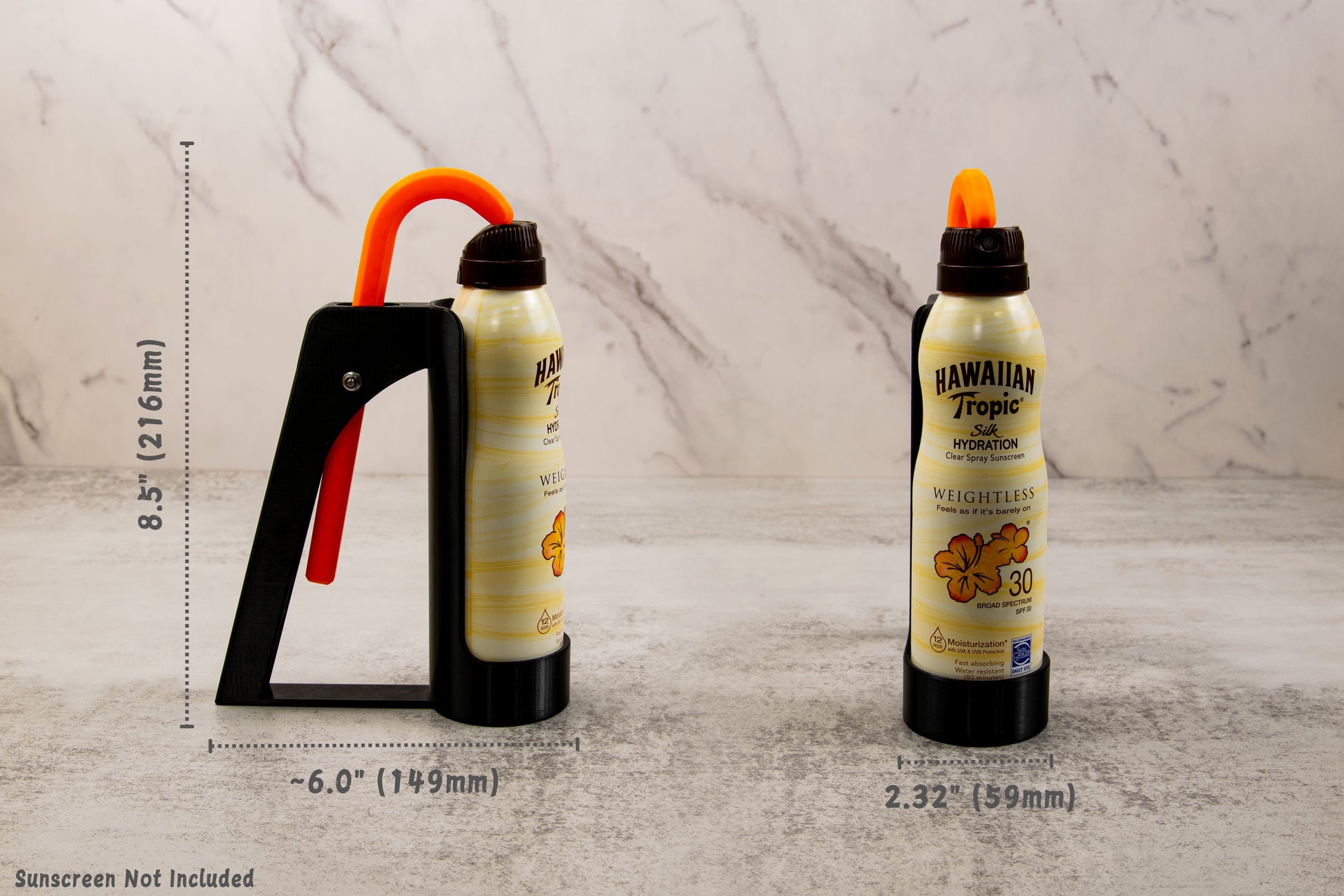 Side-by-side views of the sunscreen applicator with can inside, labeled with dimensions: 8.5" tall, 6.0" long, 2.32" wide.