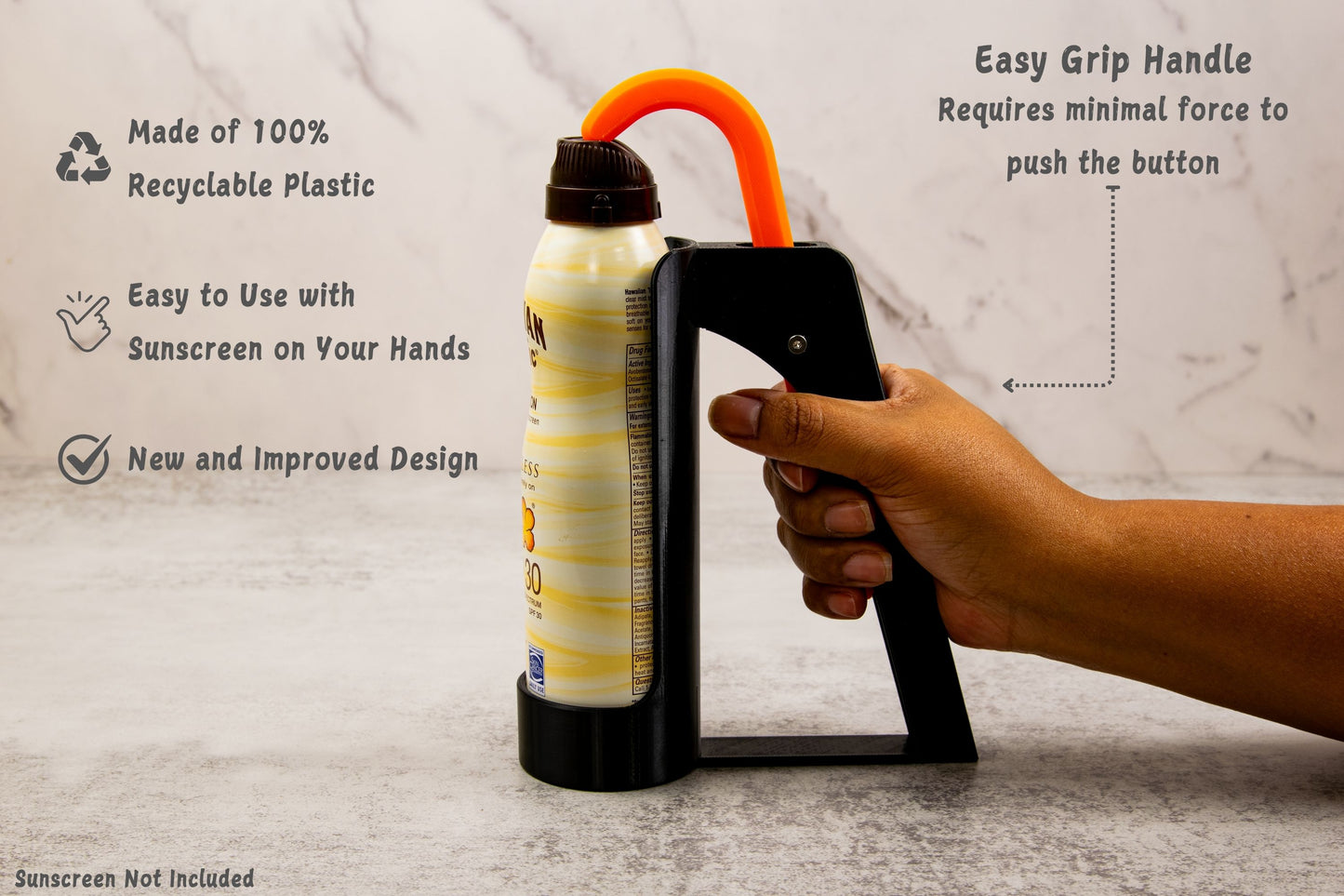 Hand gripping the sunscreen assistant’s ergonomic handle; text highlights minimal force needed and recyclable plastic material.