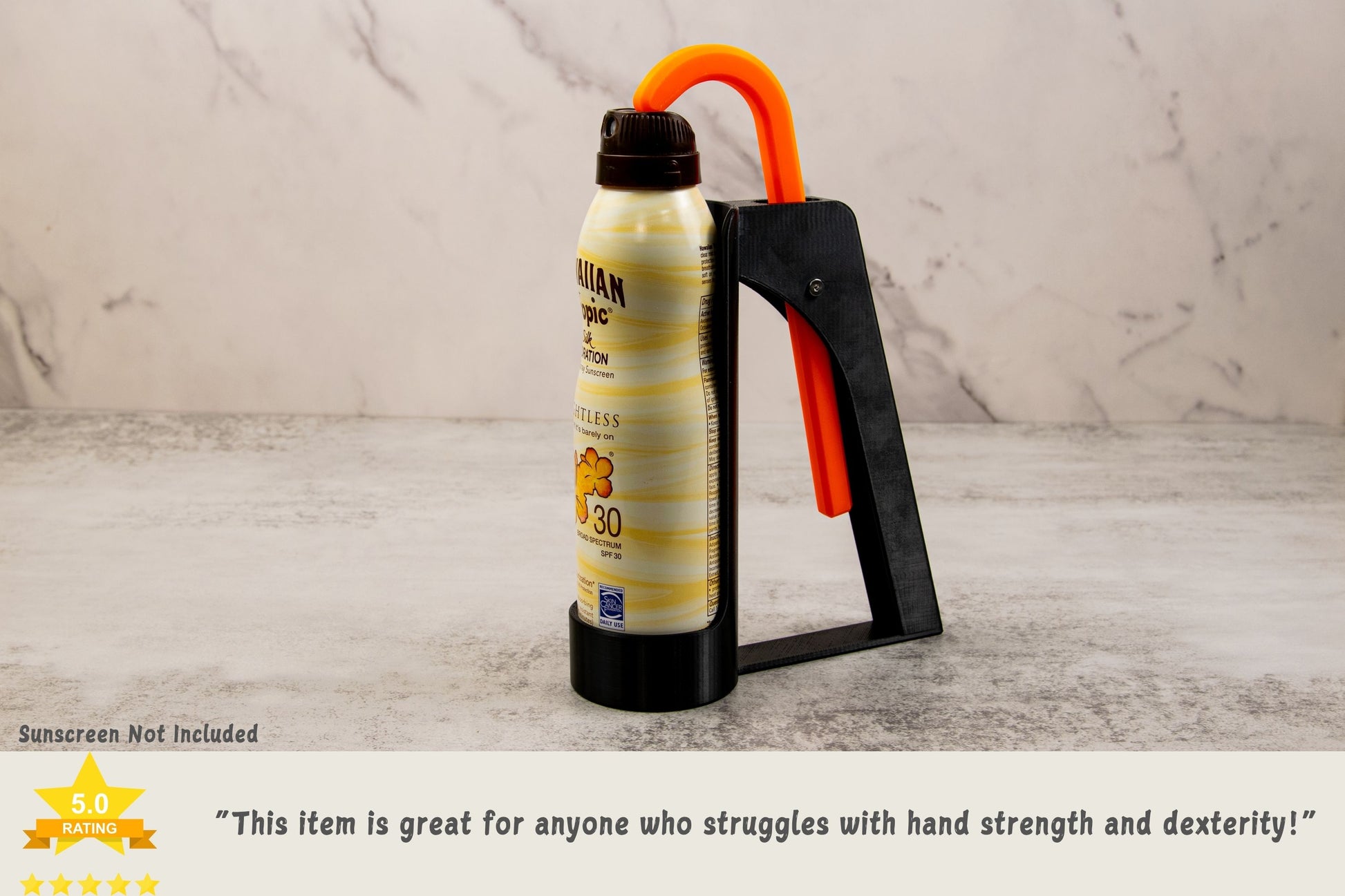 Sunscreen applicator in use with a visible 5-star rating; caption praises ease of use for those with limited hand strength.