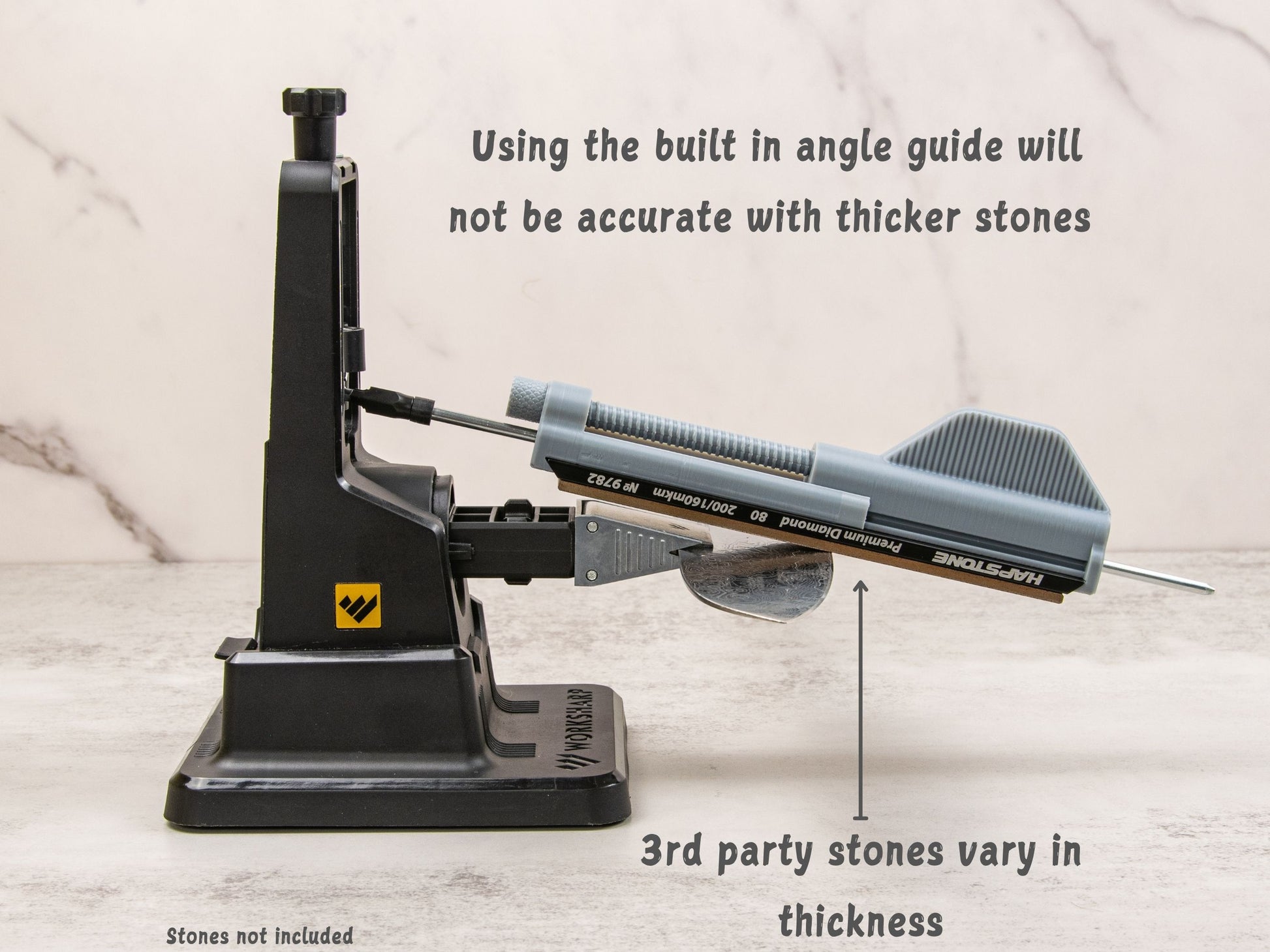 Stone holder on Work Sharp sharpener showing angle variance with thicker stones