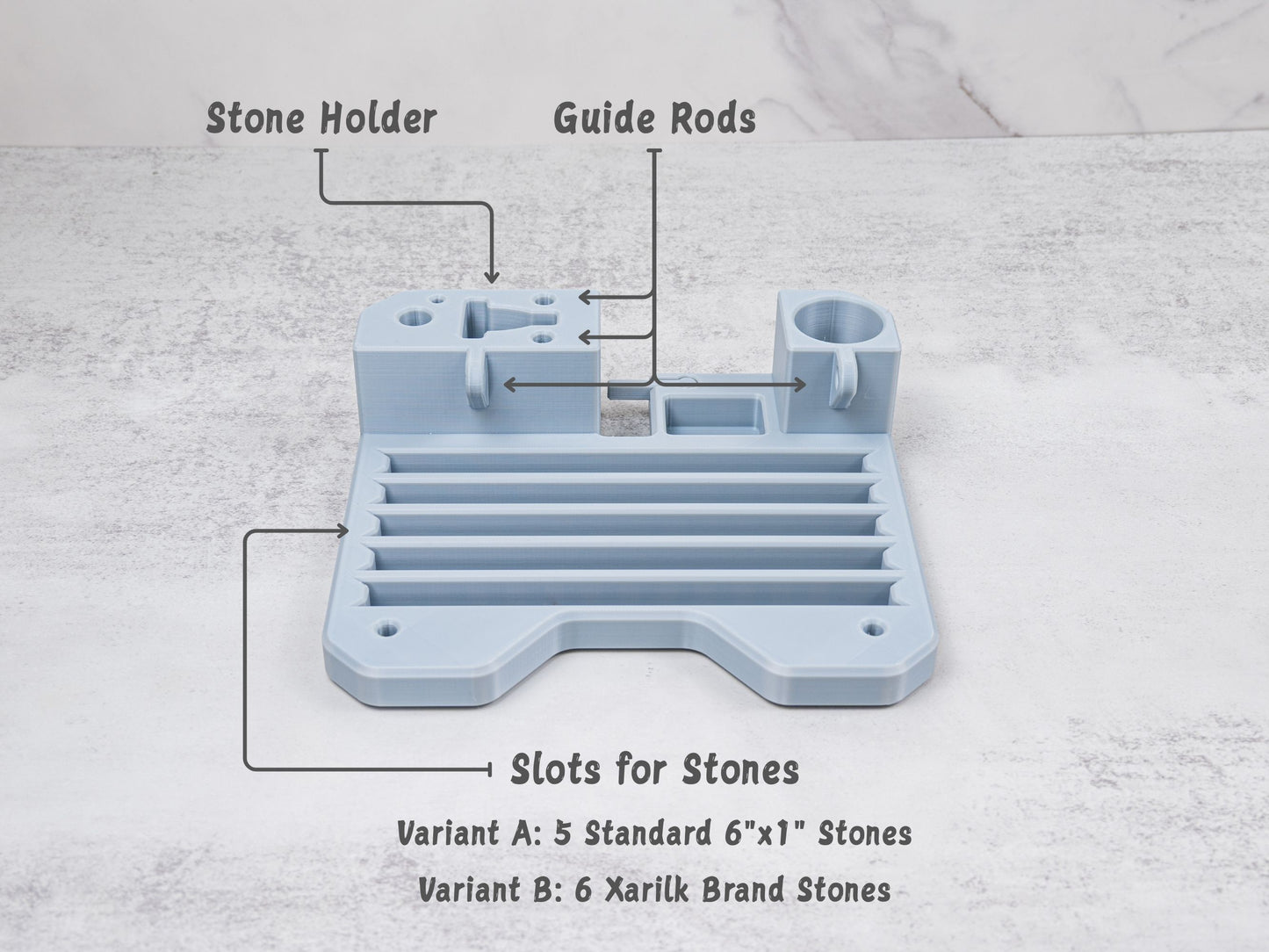 Organizer tray for the Xarilk Gen 3 Knife Sharpener highlighting dedicated storage areas for the stone holder and guide rods with labeled feature callouts.