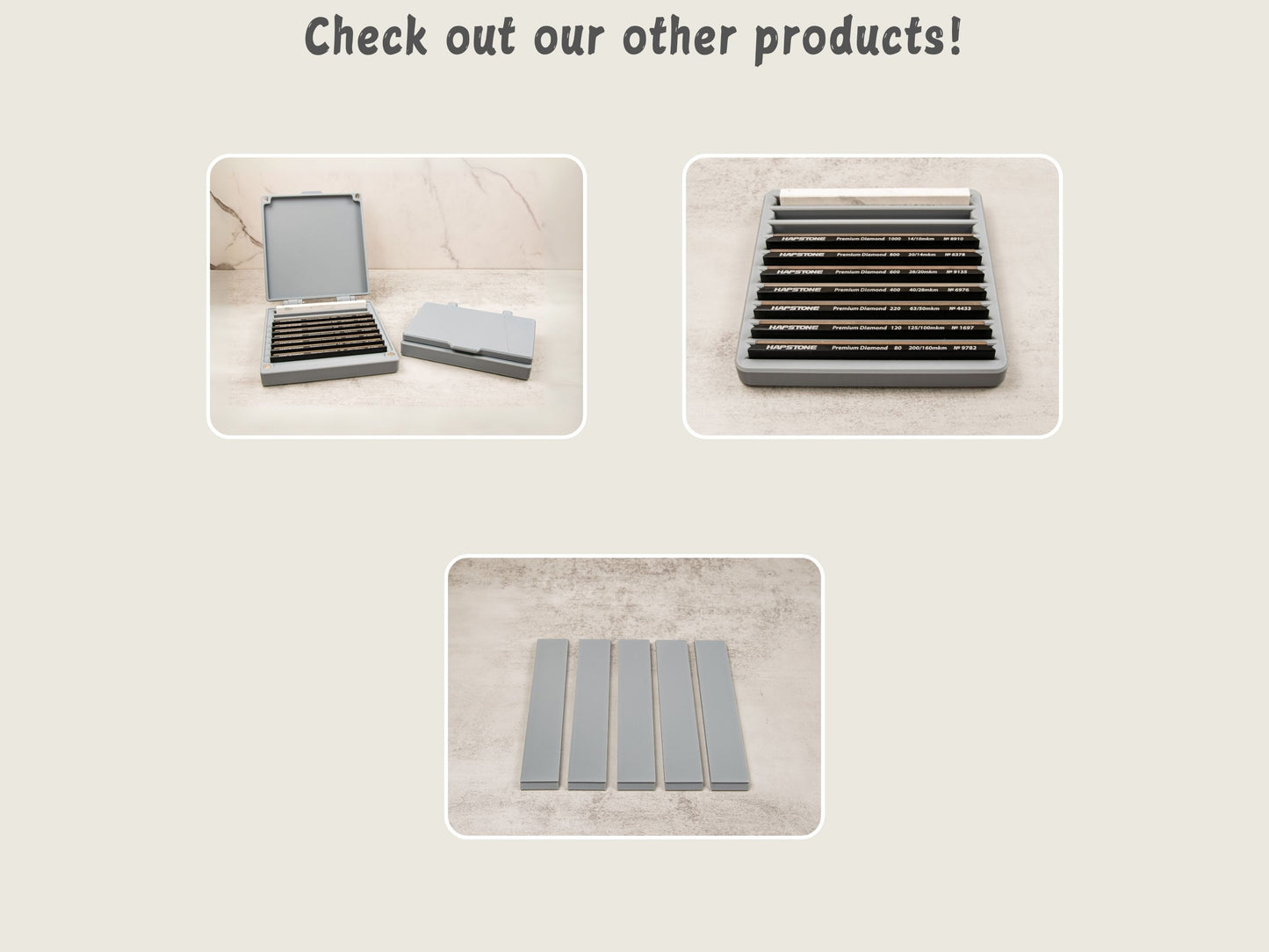 Promotional image showing additional knife sharpening accessories, including sharpening stone storage cases and blank stone holders, designed to complement the Xarilk Gen 3 Knife Sharpener.