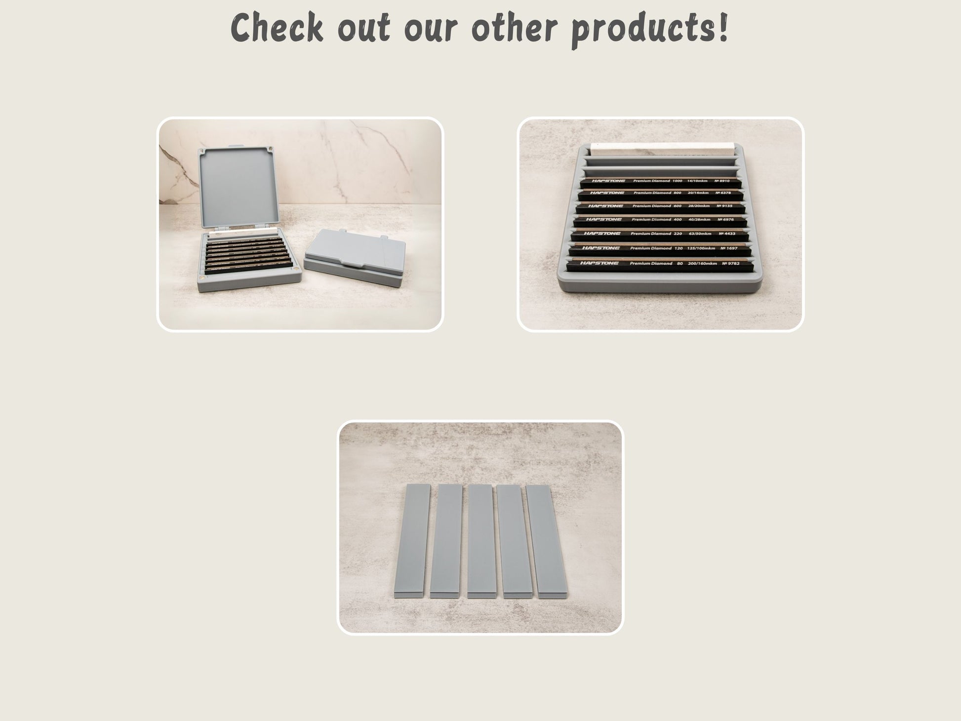 Promotional image showing additional knife sharpening accessories, including sharpening stone storage cases and blank stone holders, designed to complement the Xarilk Gen 3 Knife Sharpener.