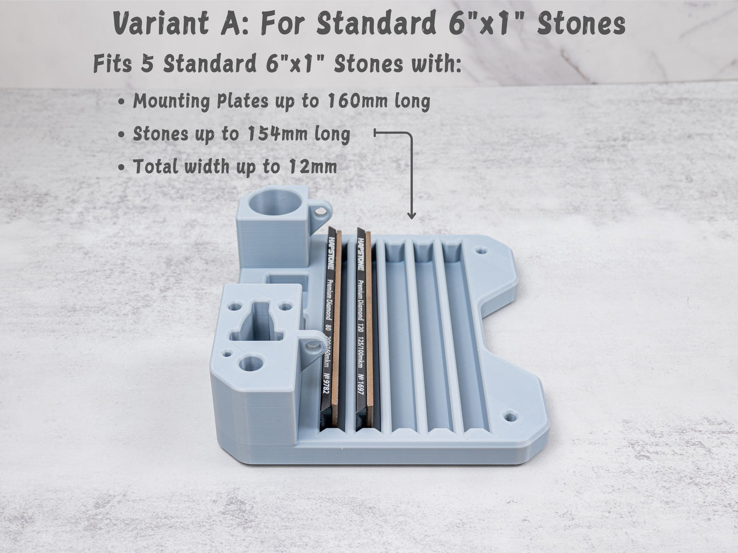 Close up of the Variant A organizer tray for the Xarilk Gen 3 Knife Sharpener showing five standard 6 inch by 1 inch sharpening stones fitted into the stone slots.