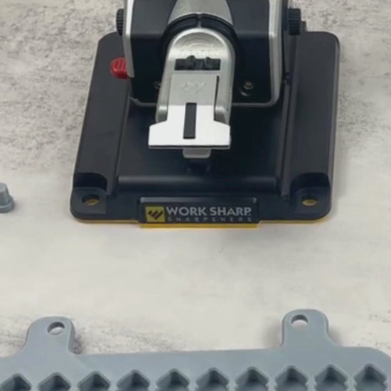Video demonstration of Work Sharp platform with adjustable knife supports used for stabilizing long blades during sharpening